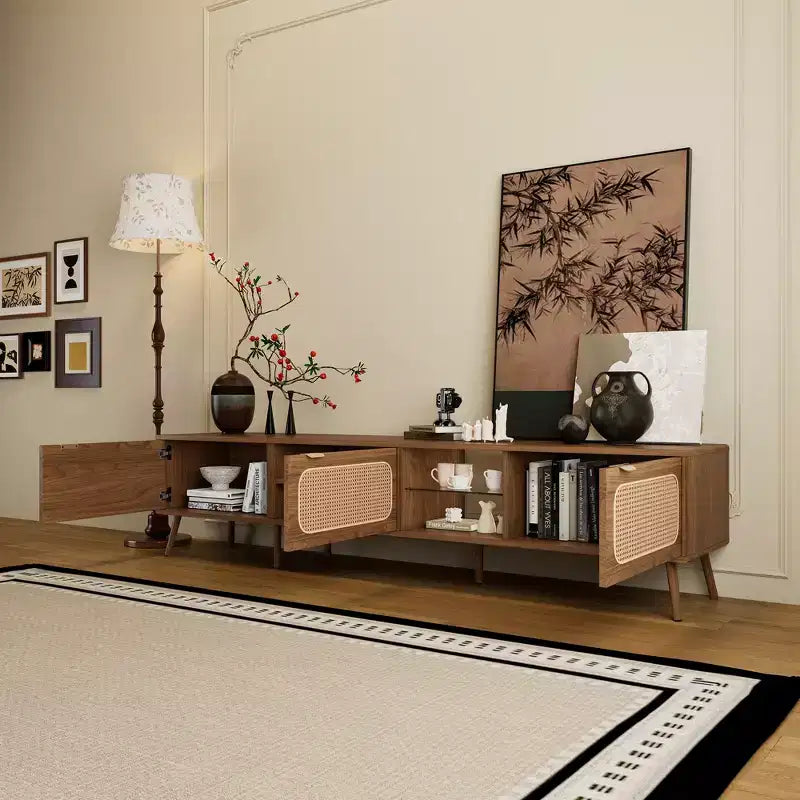 TV Stand for up to 85 TV, Entertainment Center with Open Shelves & Rattan Doors, Console Table, Walnut