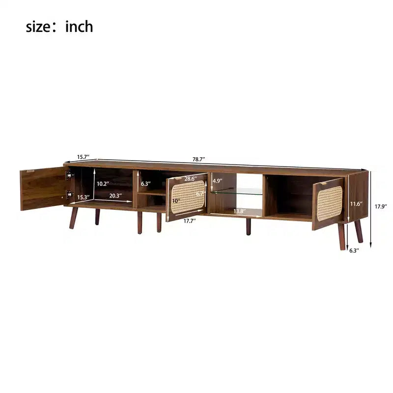 TV Stand for up to 85 TV, Entertainment Center with Open Shelves & Rattan Doors, Console Table, Walnut