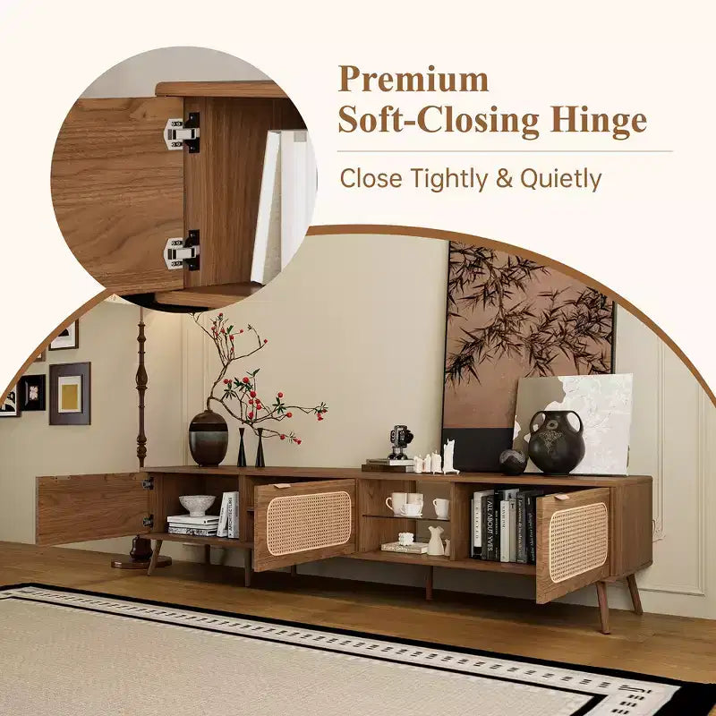 TV Stand for up to 85 TV, Entertainment Center with Open Shelves & Rattan Doors, Console Table, Walnut