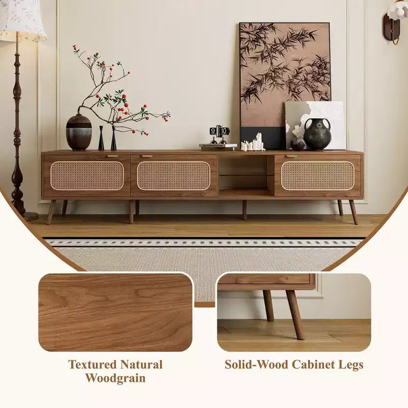 TV Stand for up to 85 TV, Entertainment Center with Open Shelves & Rattan Doors, Console Table, Walnut