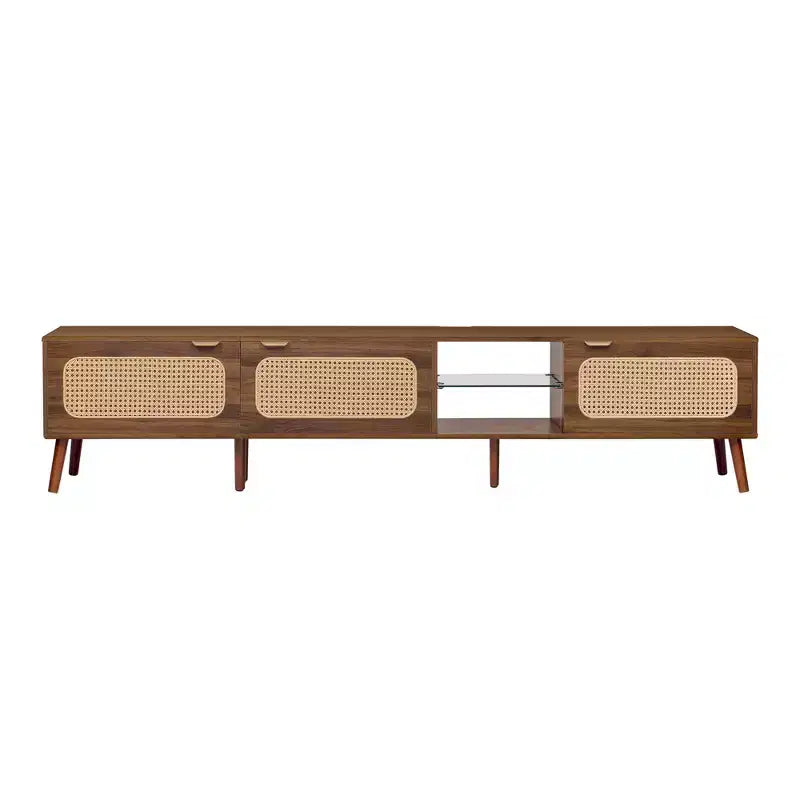 TV Stand for up to 85 TV, Entertainment Center with Open Shelves & Rattan Doors, Console Table, Walnut