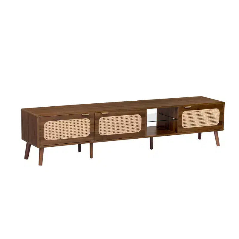 TV Stand for up to 85 TV, Entertainment Center with Open Shelves & Rattan Doors, Console Table, Walnut