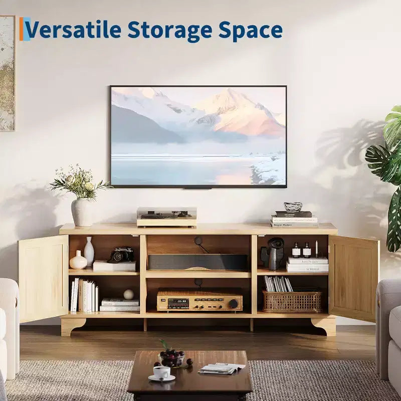 Modern Rattan TV Stand for TVs Up to 70, 61'' Entertainment Center with Cabinet & Open Shelves, Wooden Media Console Table