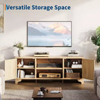 Meuble TV en rotin moderne pour téléviseurs jusqu'à 70 pouces, meuble de divertissement de 61 pouces avec armoire et étagères ouvertes, table de console média en bois