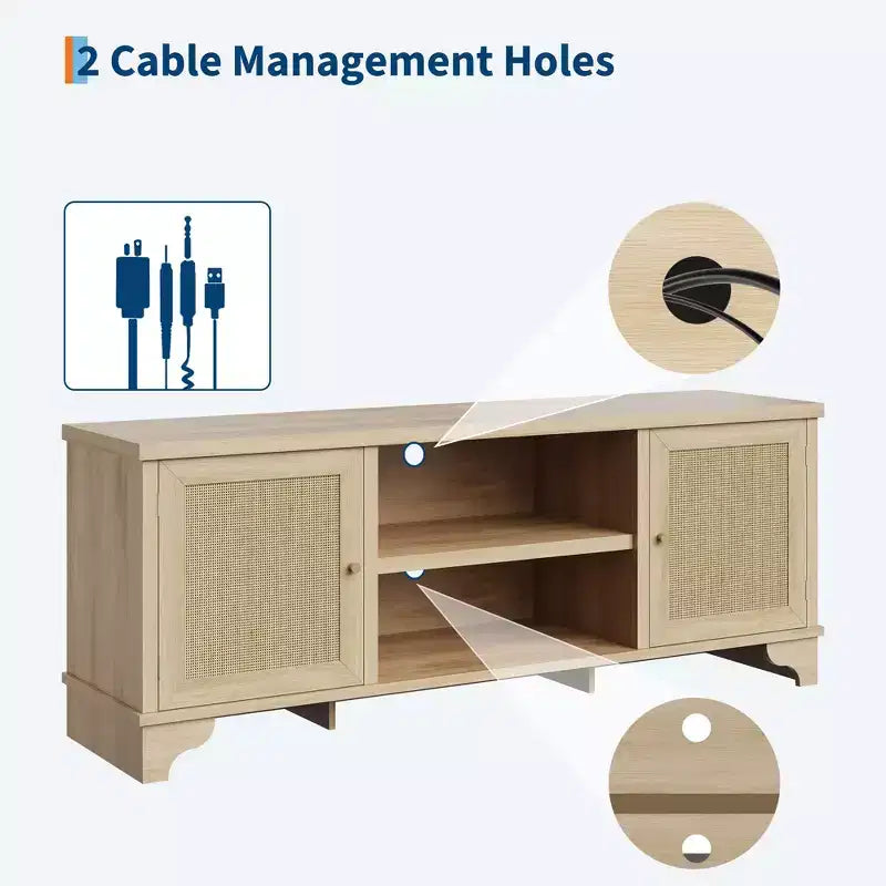 Modern Rattan TV Stand for TVs Up to 70, 61'' Entertainment Center with Cabinet & Open Shelves, Wooden Media Console Table