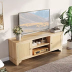 Meuble TV en rotin moderne pour téléviseurs jusqu'à 70 pouces, meuble de divertissement de 61 pouces avec armoire et étagères ouvertes, table de console média en bois