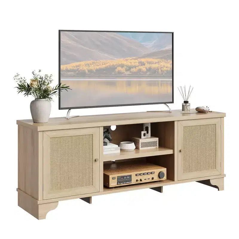 Modern Rattan TV Stand for TVs Up to 70, 61'' Entertainment Center with Cabinet & Open Shelves, Wooden Media Console Table