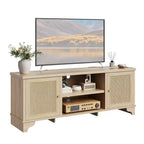 Meuble TV en rotin moderne pour téléviseurs jusqu'à 70 pouces, meuble de divertissement de 61 pouces avec armoire et étagères ouvertes, table de console média en bois