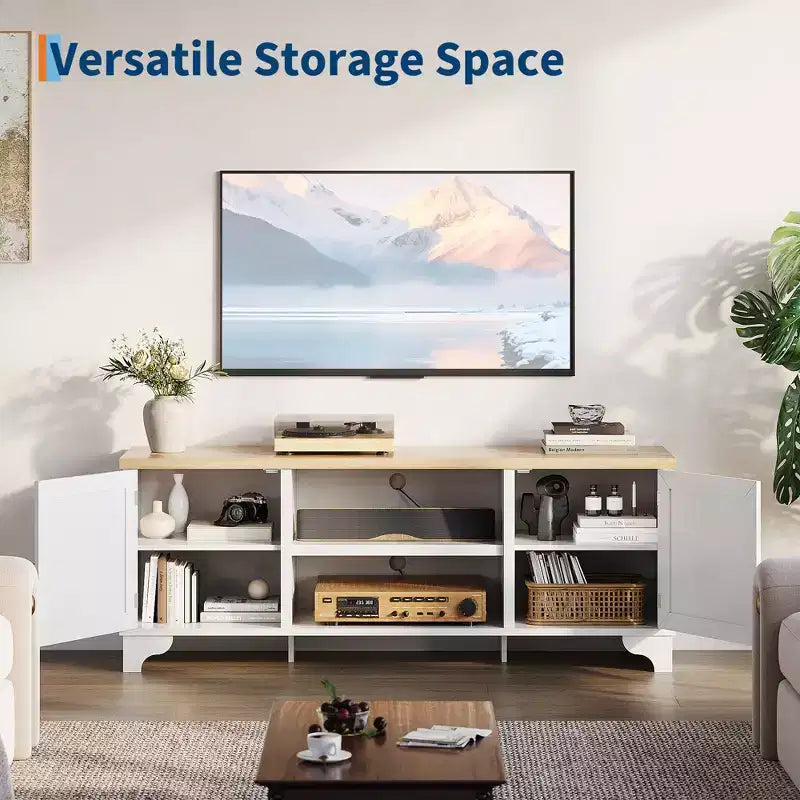 Modern Rattan TV Stand for TVs Up to 70, 61'' Entertainment Center with Cabinet & Open Shelves, Wooden Media Console Table