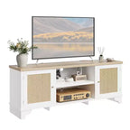 Meuble TV en rotin moderne pour téléviseurs jusqu'à 70 pouces, meuble de divertissement de 61 pouces avec armoire et étagères ouvertes, table de console média en bois