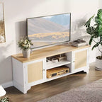 Meuble TV en rotin moderne pour téléviseurs jusqu'à 70 pouces, meuble de divertissement de 61 pouces avec armoire et étagères ouvertes, table de console média en bois