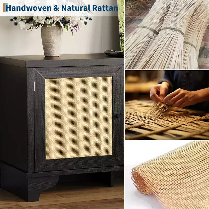 Modern Rattan TV Stand for TVs Up to 70, 61'' Entertainment Center with Cabinet & Open Shelves, Wooden Media Console Table