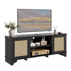 Meuble TV en rotin moderne pour téléviseurs jusqu'à 70 pouces, meuble de divertissement de 61 pouces avec armoire et étagères ouvertes, table de console média en bois