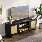 Meuble TV en rotin moderne pour téléviseurs jusqu'à 70 pouces, meuble de divertissement de 61 pouces avec armoire et étagères ouvertes, table de console média en bois