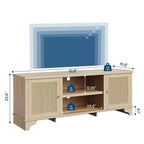 Meuble TV en rotin moderne pour téléviseurs jusqu'à 70 pouces, meuble de divertissement de 61 pouces avec armoire et étagères ouvertes, table de console média en bois