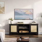 Modern Rattan TV Stand for TVs Up to 70, 61'' Entertainment Center with Cabinet & Open Shelves, Wooden Media Console Table