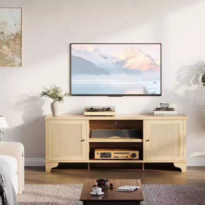 Modern Rattan TV Stand for TVs Up to 70, 61'' Entertainment Center with Cabinet & Open Shelves, Wooden Media Console Table