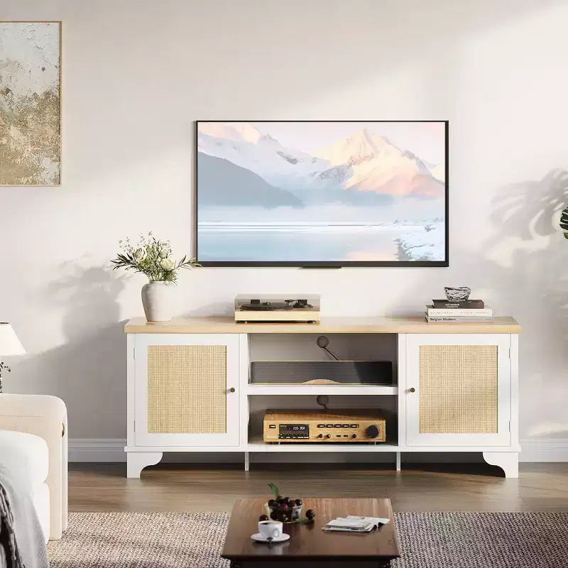 Modern Rattan TV Stand for TVs Up to 70, 61'' Entertainment Center with Cabinet & Open Shelves, Wooden Media Console Table