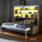Whisen Wood Queen Size Murphy Cabinet Bed with Folding Sofa,Built-in Storage Shelves and LED Light