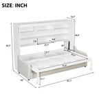 Lit escamotable Queen Size en bois avec canapé pliant, étagères de rangement intégrées et éclairage LED