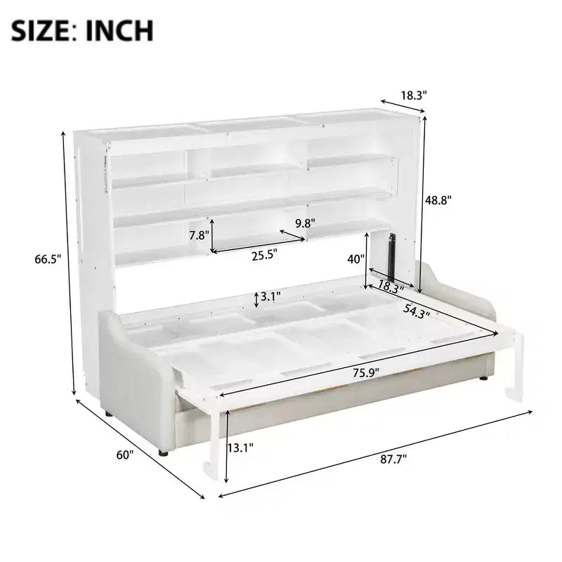 Wood Queen Size Murphy Cabinet Bed with Folding Sofa,Built-in Storage Shelves and LED Light