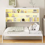 Lit escamotable Queen Size en bois avec canapé pliant, étagères de rangement intégrées et éclairage LED