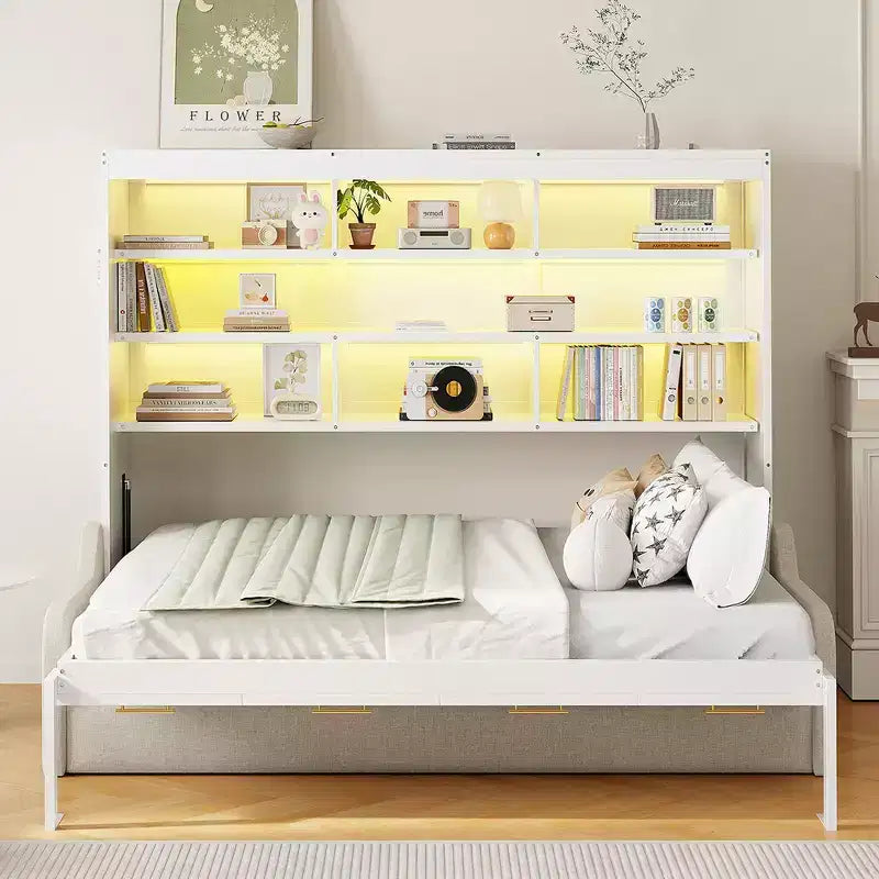 Wood Queen Size Murphy Cabinet Bed with Folding Sofa,Built-in Storage Shelves and LED Light