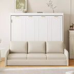 Lit escamotable Queen Size en bois avec canapé pliant, étagères de rangement intégrées et éclairage LED