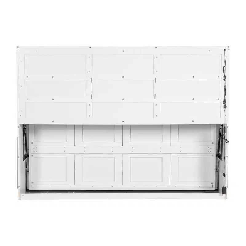 Wood Queen Size Murphy Cabinet Bed with Folding Sofa,Built-in Storage Shelves and LED Light
