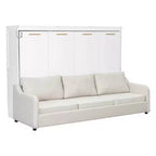 Lit escamotable Queen Size en bois avec canapé pliant, étagères de rangement intégrées et éclairage LED
