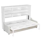 Lit escamotable Queen Size en bois avec canapé pliant, étagères de rangement intégrées et éclairage LED
