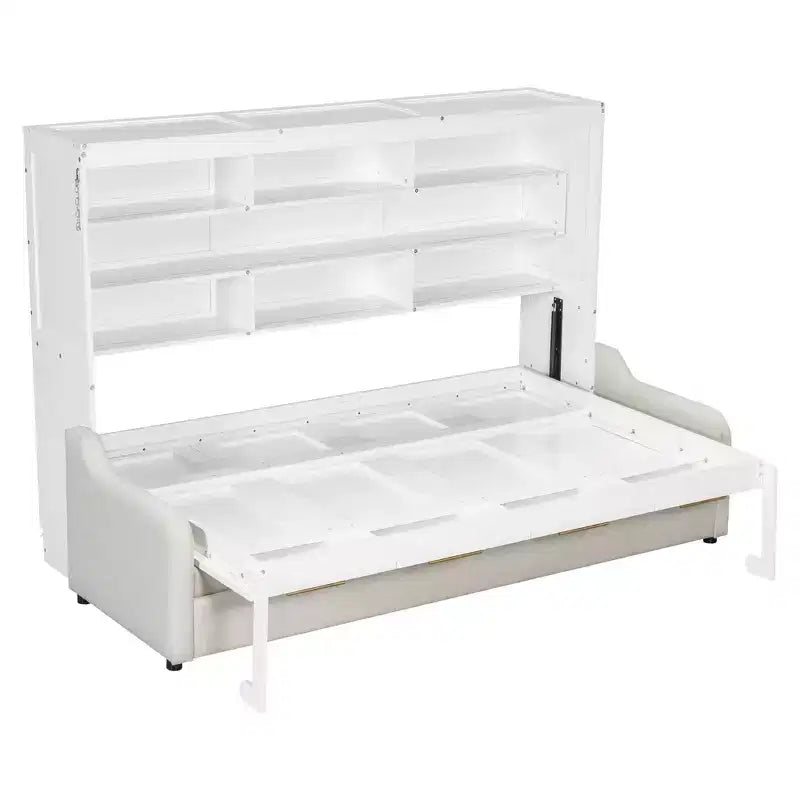 Wood Queen Size Murphy Cabinet Bed with Folding Sofa,Built-in Storage Shelves and LED Light