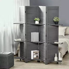MAYEERTY 4 Panel Folding Room Divider Freestanding Paulownia Wood Privacy Screen Panel with Storage Shelves for Bedroom Office Gray