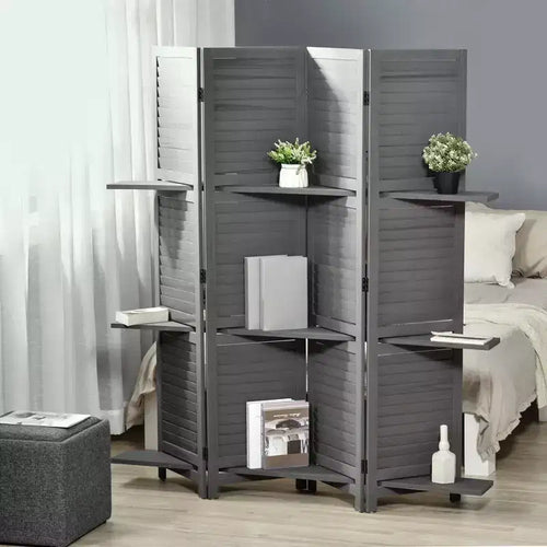 MAYEERTY 4 Panel Folding Room Divider Freestanding Paulownia Wood Privacy Screen Panel with Storage Shelves for Bedroom Office Gray