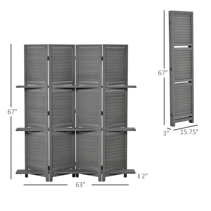 4 Panel Folding Room Divider Freestanding Paulownia Wood Privacy Screen Panel with Storage Shelves for Bedroom Office Gray