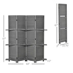 Paravent Pliant 4 Panneaux avec Étagères de Rangement en Bois de Paulownia, Cloison de Séparation Autonome pour Chambre à Coucher, Bureau, Gris