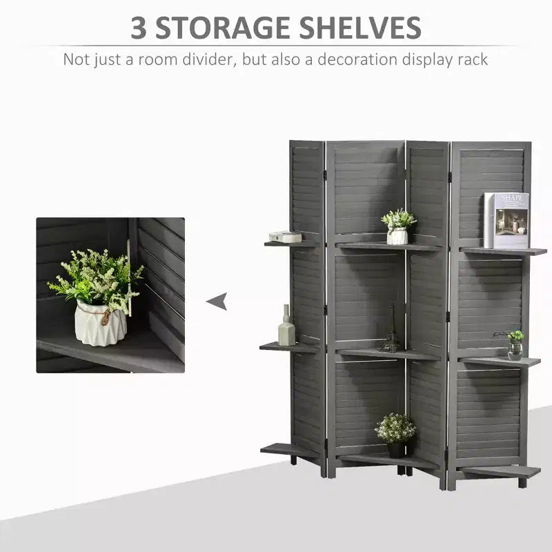 4 Panel Folding Room Divider Freestanding Paulownia Wood Privacy Screen Panel with Storage Shelves for Bedroom Office Gray