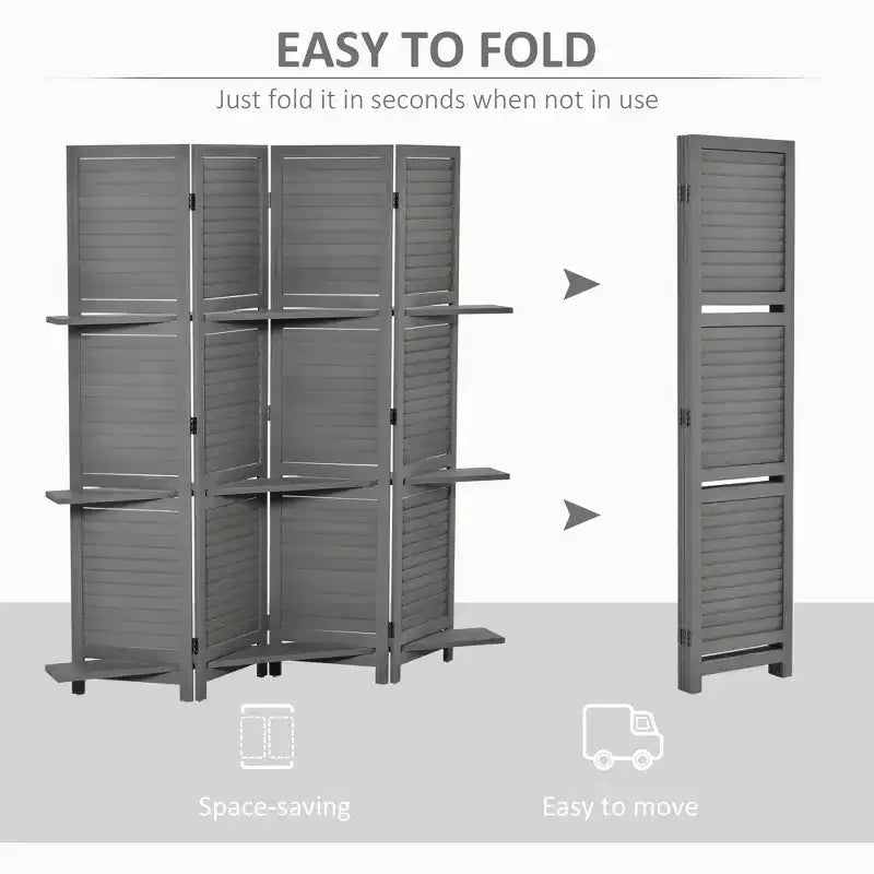 4 Panel Folding Room Divider Freestanding Paulownia Wood Privacy Screen Panel with Storage Shelves for Bedroom Office Gray