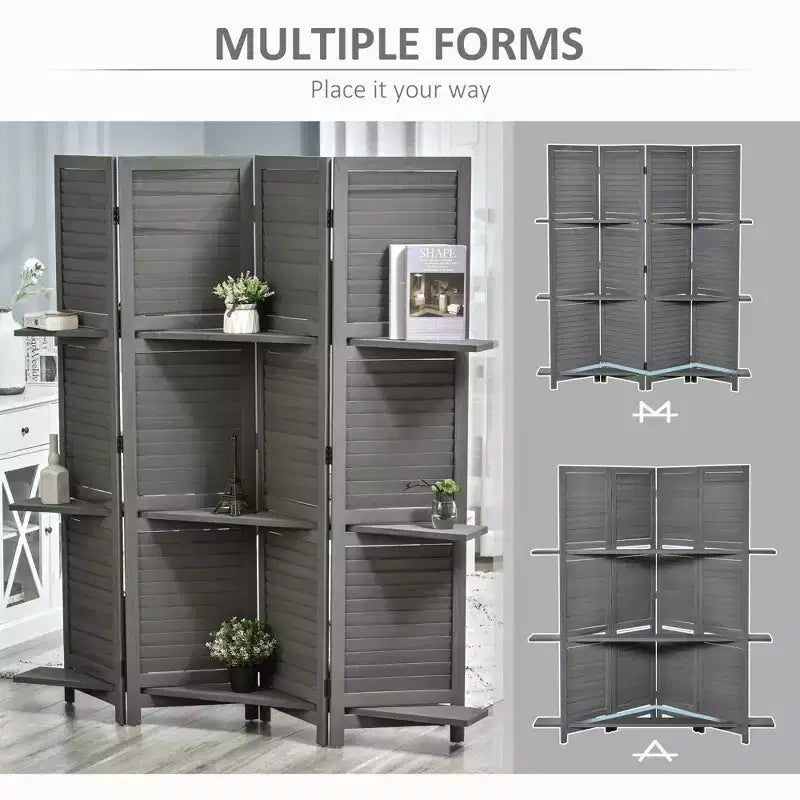 4 Panel Folding Room Divider Freestanding Paulownia Wood Privacy Screen Panel with Storage Shelves for Bedroom Office Gray