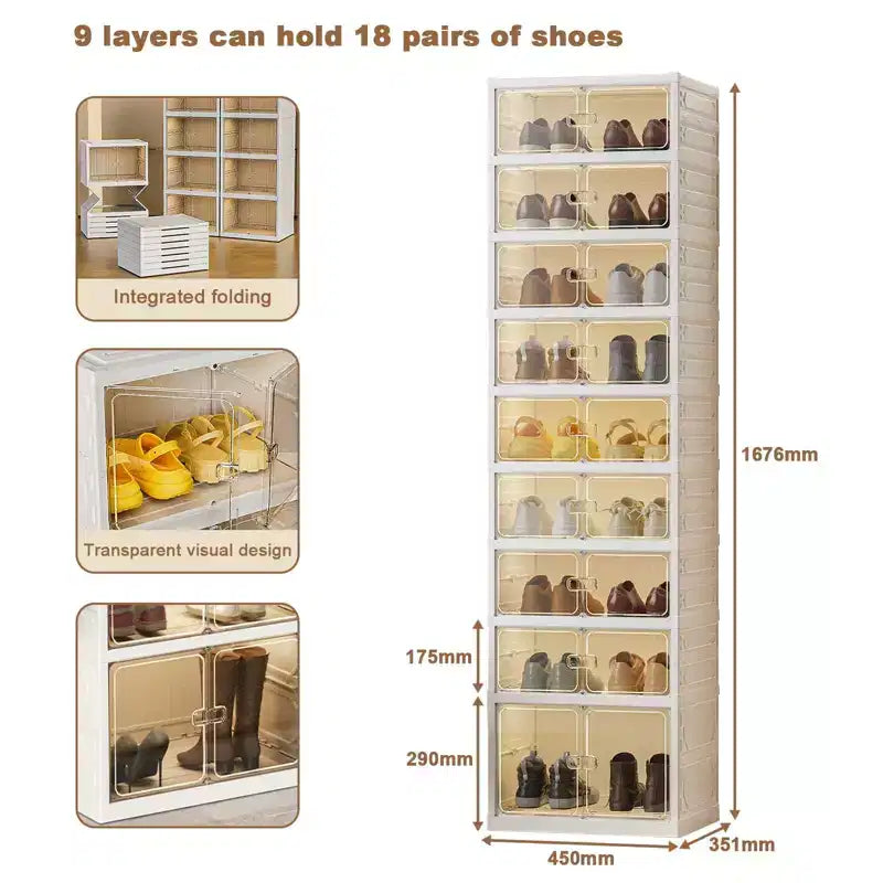 Clear Stackable Shoe Storage Box with Magnetic Door, Foldable Plastic Shoe Organiser, No Installation Needed for Trainer Storage