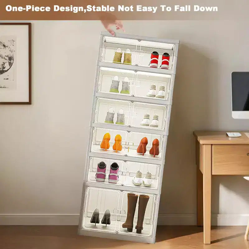 Clear Stackable Shoe Storage Box with Magnetic Door, Foldable Plastic Shoe Organiser, No Installation Needed for Trainer Storage