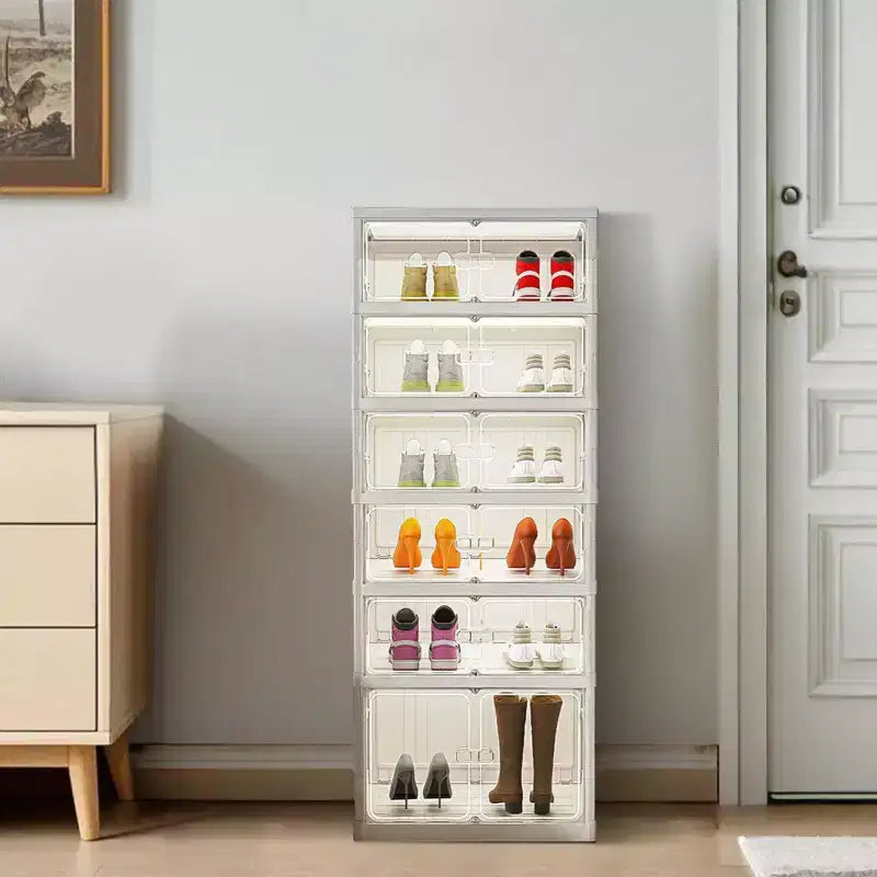 Clear Stackable Shoe Storage Box with Magnetic Door, Foldable Plastic Shoe Organiser, No Installation Needed for Trainer Storage