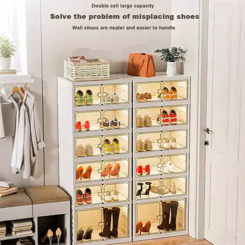 Clear Stackable Shoe Storage Box with Magnetic Door, Foldable Plastic Shoe Organiser, No Installation Needed for Trainer Storage