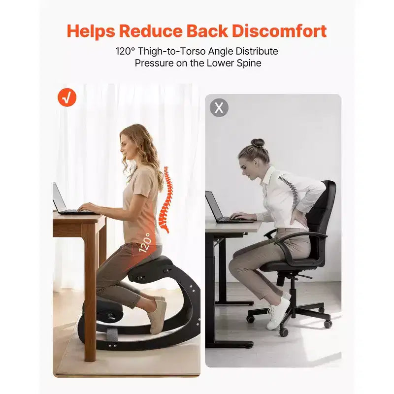 Ergonomic Kneeling Chair, Wooden Posture Knee Chair with Adjustable Thick Foam Cushions & Solid Wood Frame, Adjustable Height, Black