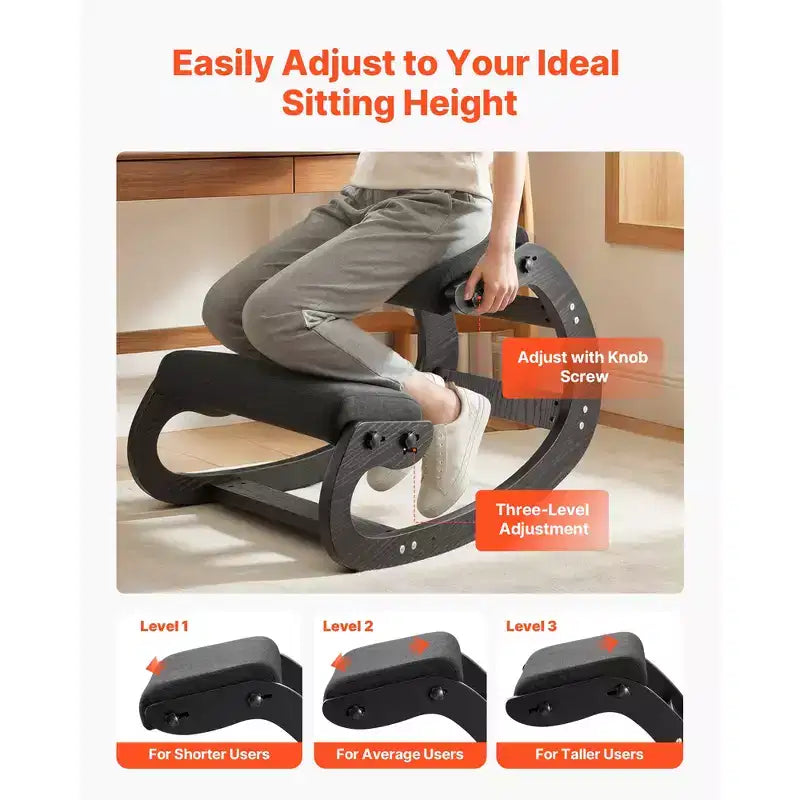 Ergonomic Kneeling Chair, Wooden Posture Knee Chair with Adjustable Thick Foam Cushions & Solid Wood Frame, Adjustable Height, Black