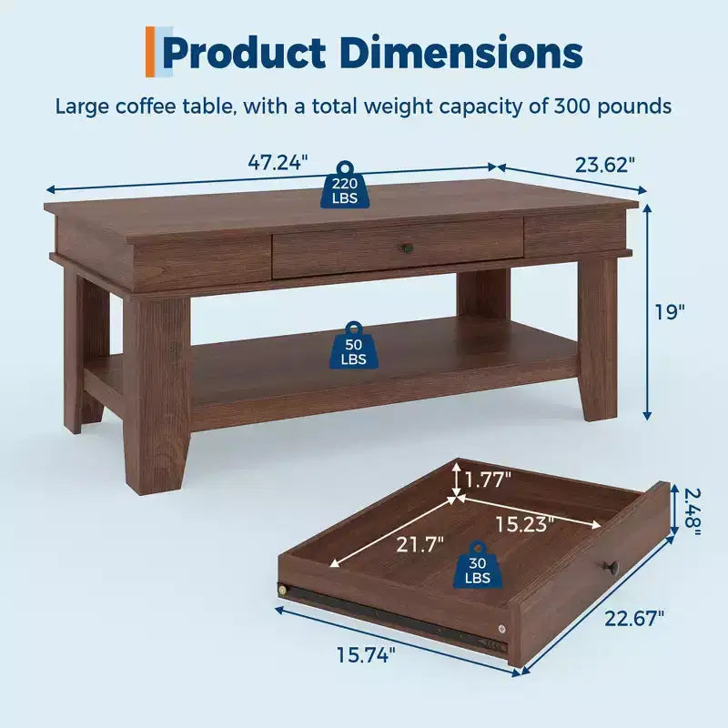 Rustic Style Coffee Table with Storage. Wood Rectangular Table for Living Room. Furniture for Home Office and Apartment