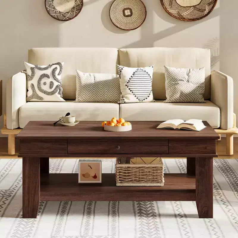 Rustic Style Coffee Table with Storage. Wood Rectangular Table for Living Room. Furniture for Home Office and Apartment