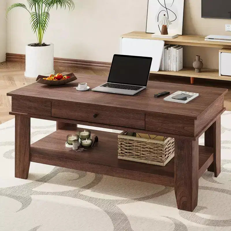 Rustic Style Coffee Table with Storage. Wood Rectangular Table for Living Room. Furniture for Home Office and Apartment