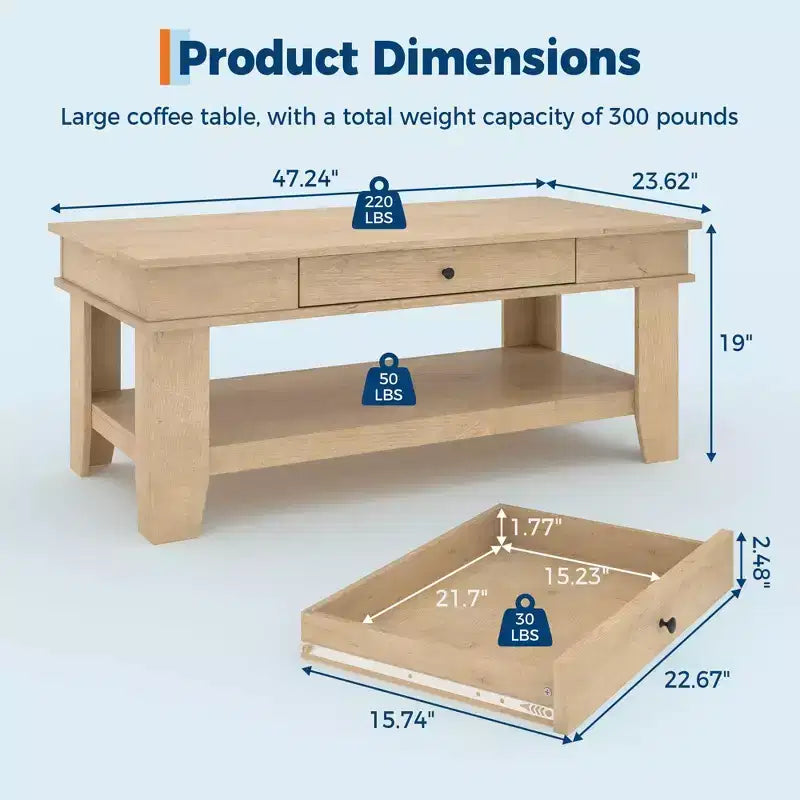 Rustic Style Coffee Table with Storage. Wood Rectangular Table for Living Room. Furniture for Home Office and Apartment