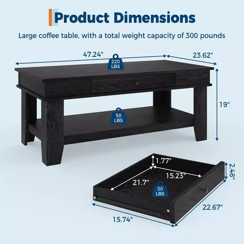 Rustic Style Coffee Table with Storage. Wood Rectangular Table for Living Room. Furniture for Home Office and Apartment